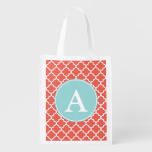 Coral Aqua Monogram Reusable Grocery Bag