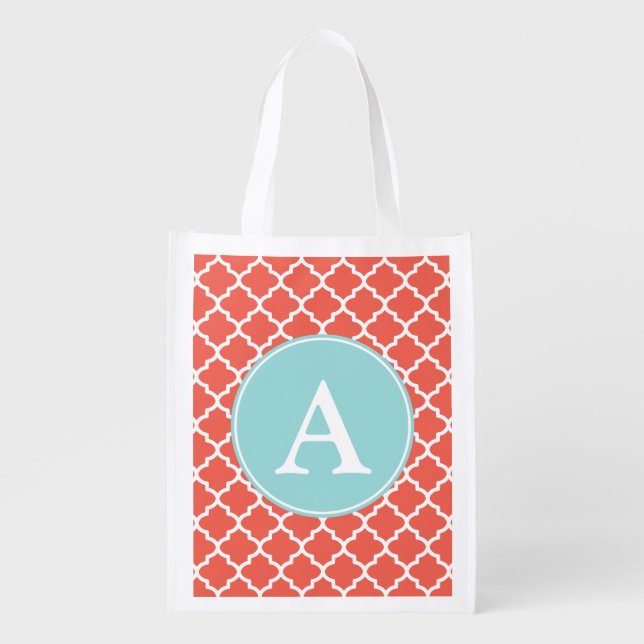 Coral Aqua Monogram Reusable Grocery Bag (Front)