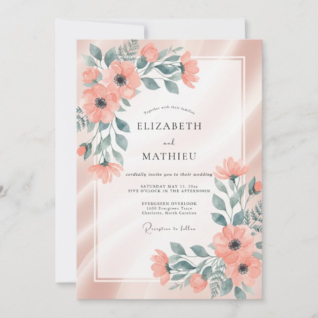 Coral Aqua Painted Wedding Invitation (Front)