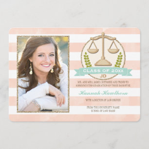 Coral Aqua Scales of Justice Law School Graduation Invitation