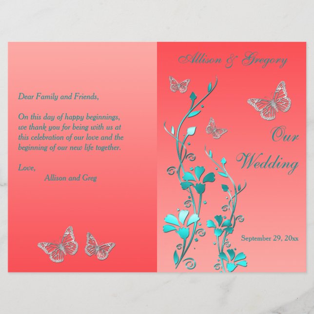 Coral Aqua Silver Butterfly Floral Wedding Program (Front)