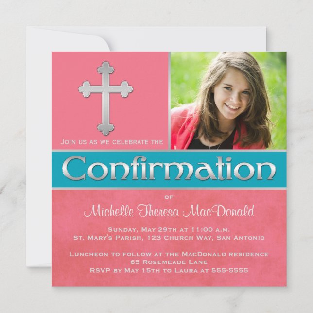 Coral, Aqua, Silver Confirmation Photo Invite (Front)