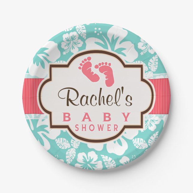 Coral, Aqua Tropical Baby Shower Paper Plates (Front)
