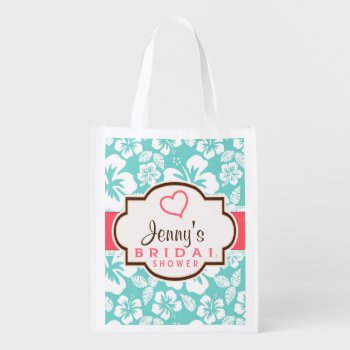 Coral  Aqua Tropical Bridal Shower Reusable Grocery Bag by Favors_and_Decor at Zazzle