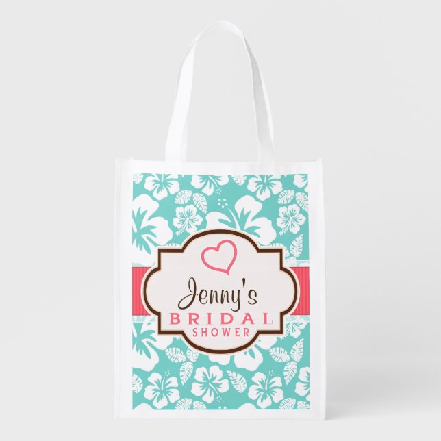 Coral, Aqua Tropical Bridal Shower Reusable Grocery Bag (Front)