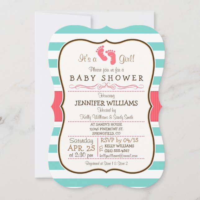 Coral, Aqua, & White Stripes Baby Shower Invitation (Front)