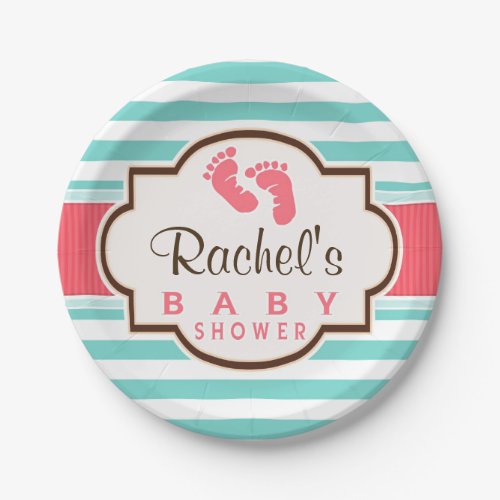 Coral Aqua  White Stripes Baby Shower Paper Plates