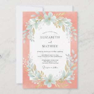 Coral Aqua Wreath Wedding Invitation