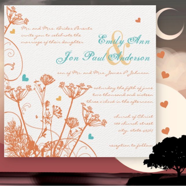 Coral Aqua Yellow Wild Flowers Wedding Invitations (Creator Uploaded)