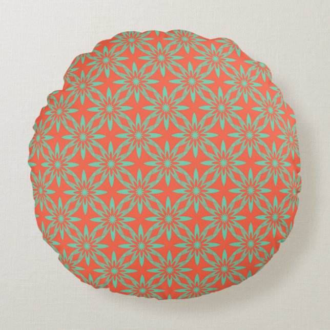 Coral Aquamarine Flower Seamless Pattern Round Pillow (Front)
