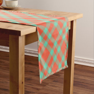 Coral Aquamarine Plaid Pattern Short Table Runner
