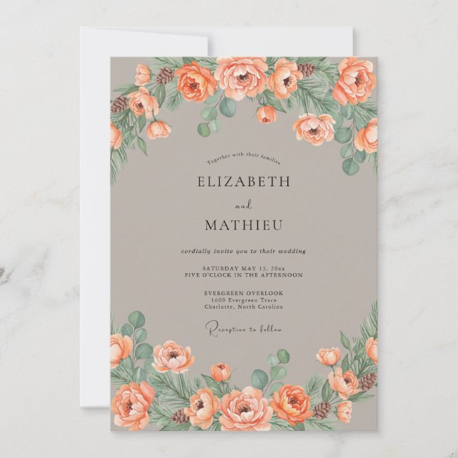 Coral Artistic Floral Wedding Invitation (Front)