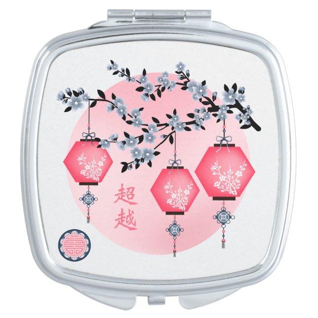 Coral Asian lanterns blue cherry blossom design Compact Mirror (Front)