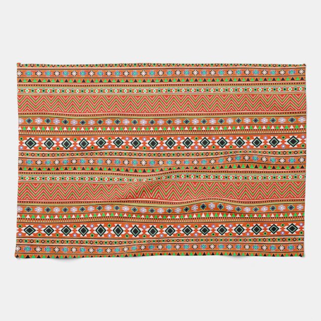 Coral Aztec Style Southwestern Pattern Kitchen Towel (Horizontal)