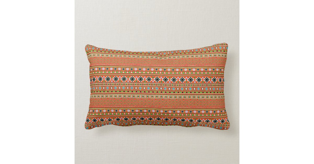 Coral Aztec Style Southwestern Pattern Lumbar Pillow