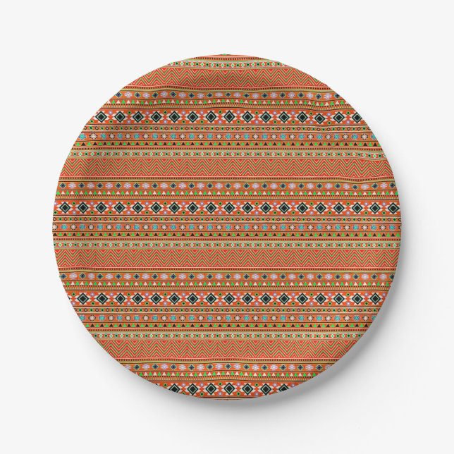 Coral Aztec Style Southwestern Pattern Paper Plates (Front)