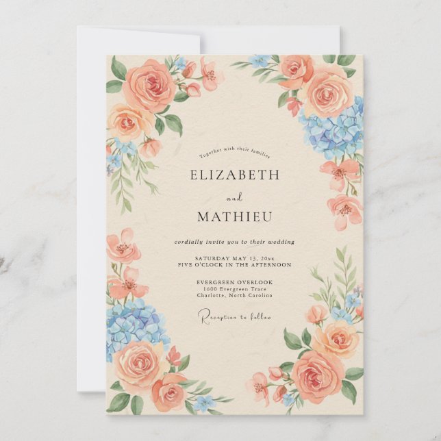 Coral Azure Hydrangea Eucalyptus Wedding Invitation (Front)