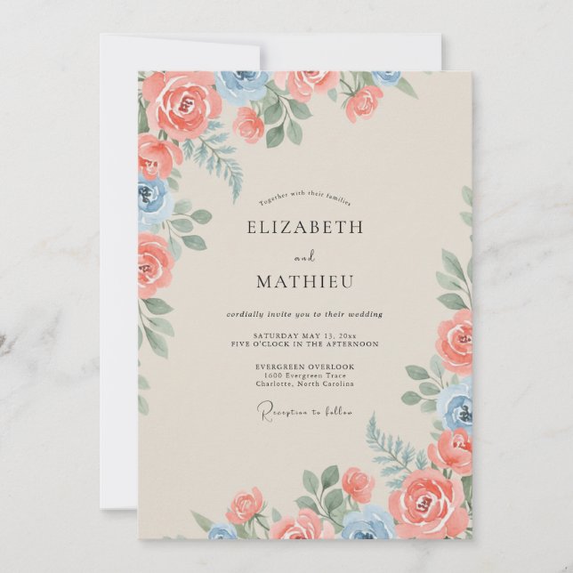 Coral Azure Soft Rose Wedding Invitation (Front)