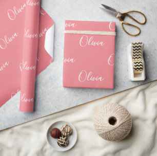 Coral Background Name Girly Elegant Name Wrapping Paper