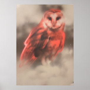 Coral Barn Owl Misty Watercolor Art Poster