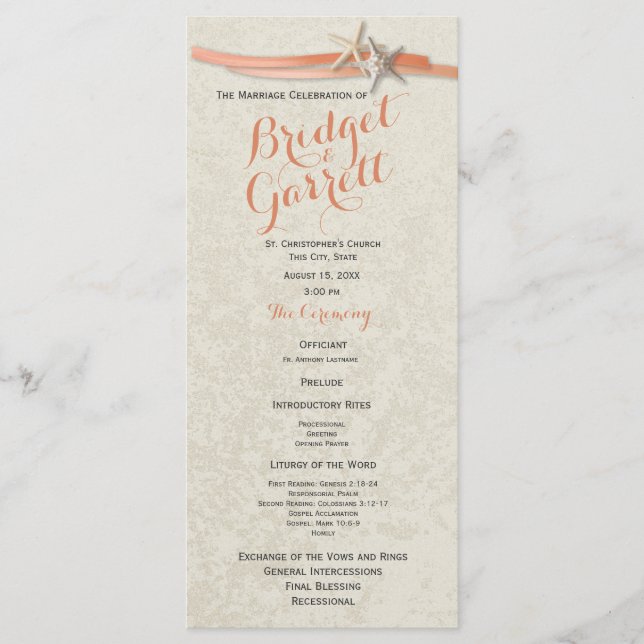 Coral Beach Starfish and Ribbon Wedding Program (Front)