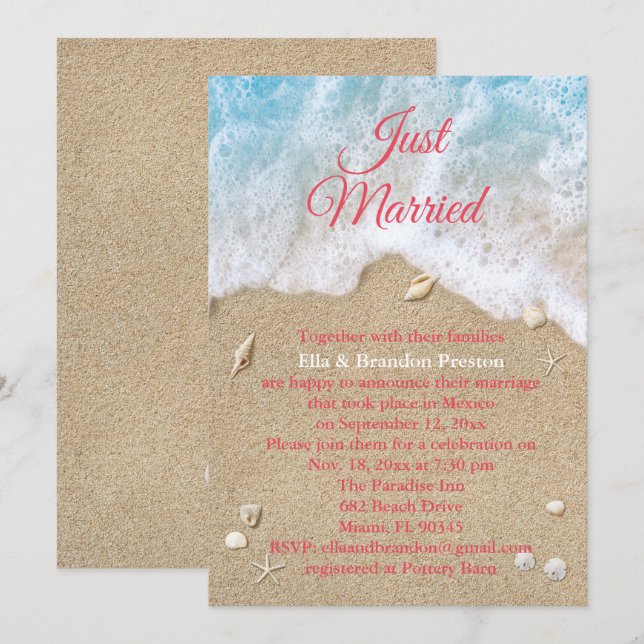 Coral Beach Waves Just Married Post Wedding Invitation (Front/Back)