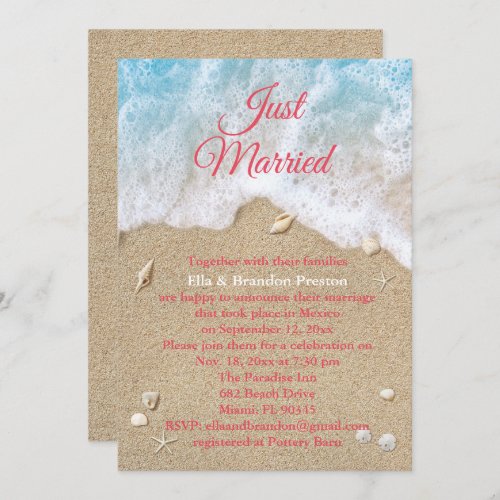 Coral Beach Waves Just Married Post Wedding Invitation