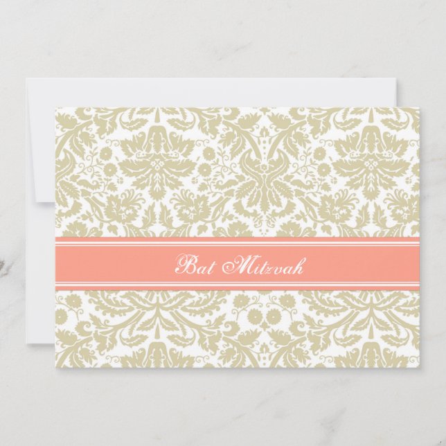 Coral Beige Damask Bat Mitzvah Invitations (Front)