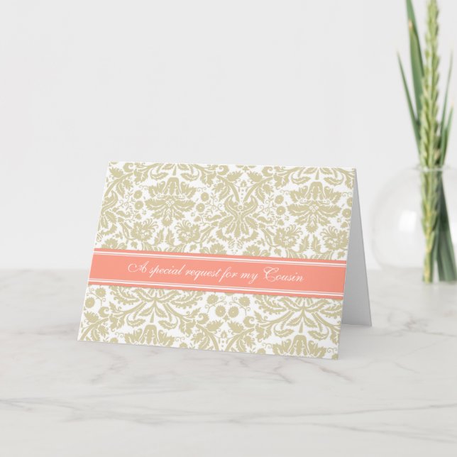 Coral Beige Damask Cousin Bridesmaid Invitation (Front)