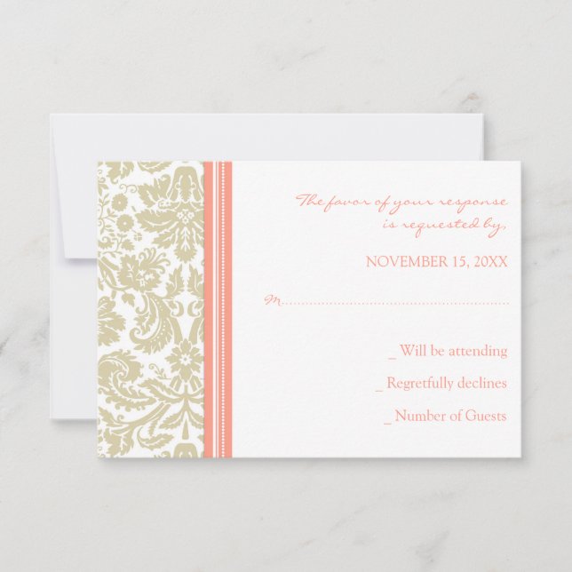 Coral Beige Damask RSVP Wedding Card (Front)