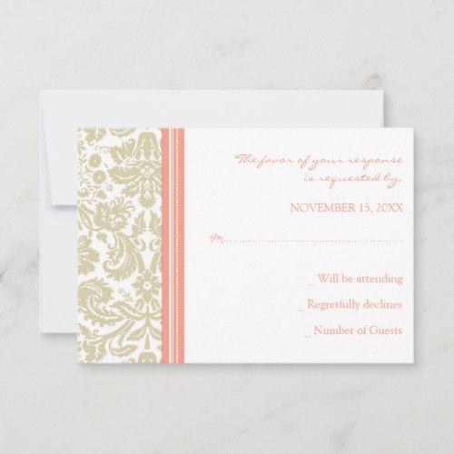 Coral Beige Damask RSVP Wedding Card