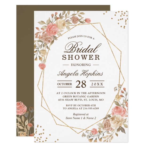 Coral Beige Floral Gold Geometric Bridal Shower Invitation