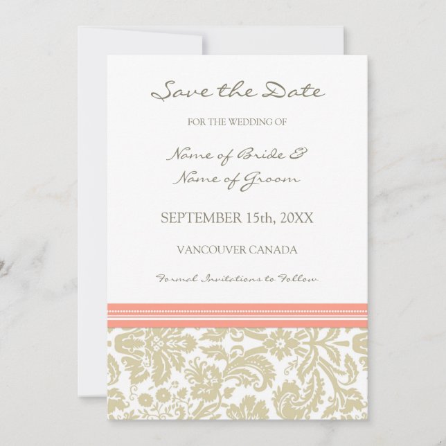 Coral Beige Photo Wedding Save the Date Card (Front)