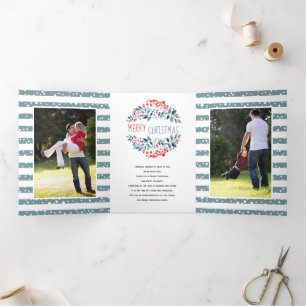 Coral berries and stripes Christmas photo collage Tri-Fold Holiday Card