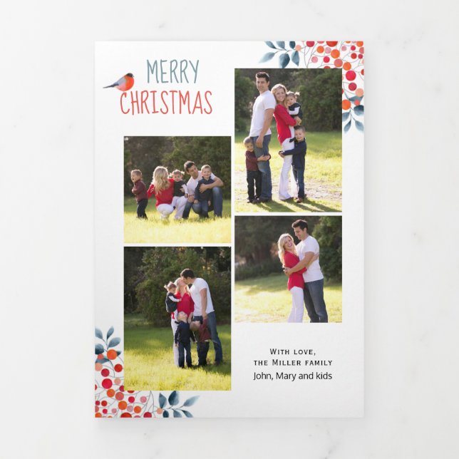 Coral berries bird Christmas holiday photo collage Tri-Fold Holiday Card (Cover)