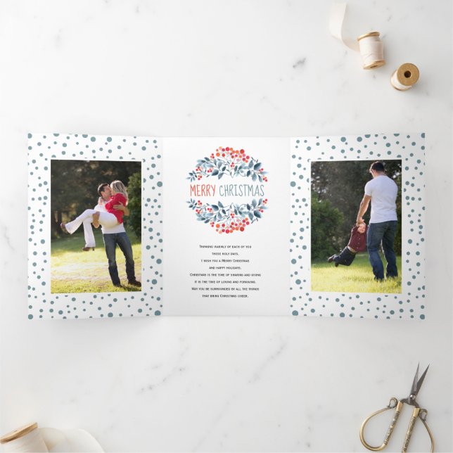 Coral berries, blue leaves Christmas photo collage Tri-Fold Holiday Card (Inside)