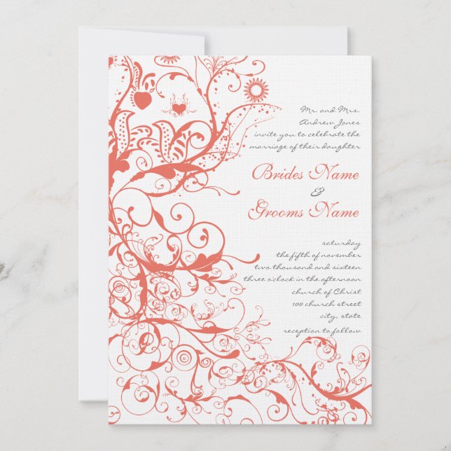 Coral Birds & Swirls Wedding Invitations (Front)