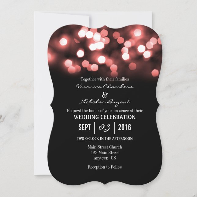 Coral Black Bokeh Glitter Lights Wedding Invites (Front)