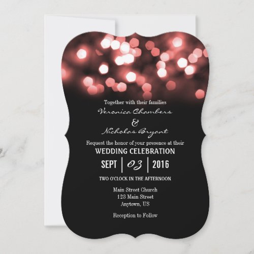 Coral Black Bokeh Glitter Lights Wedding Invites