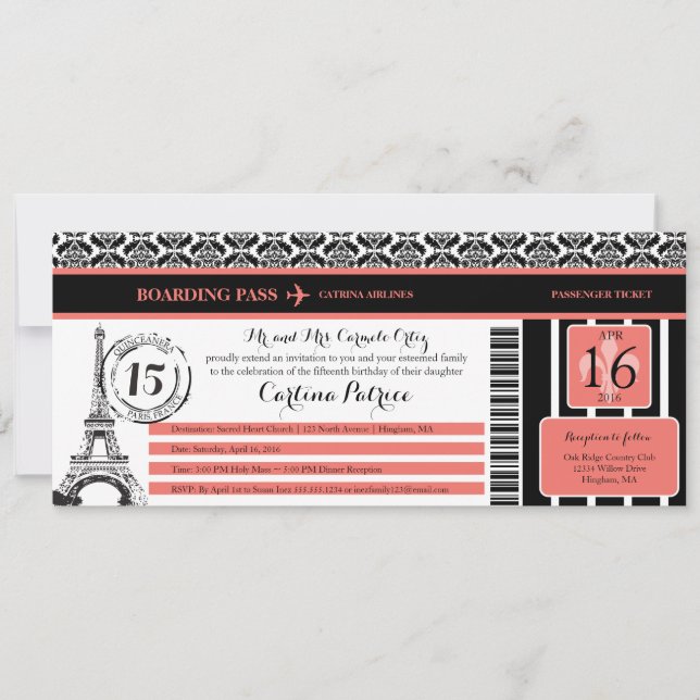 Coral Black Damask Quinceanera Paris Boarding Pass Invitation (Front)