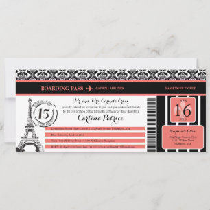 Coral Black Damask Quinceanera Paris Boarding Pass Invitation