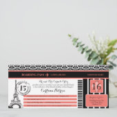 Coral Black Damask Quinceanera Paris Boarding Pass Invitation (Standing Front)