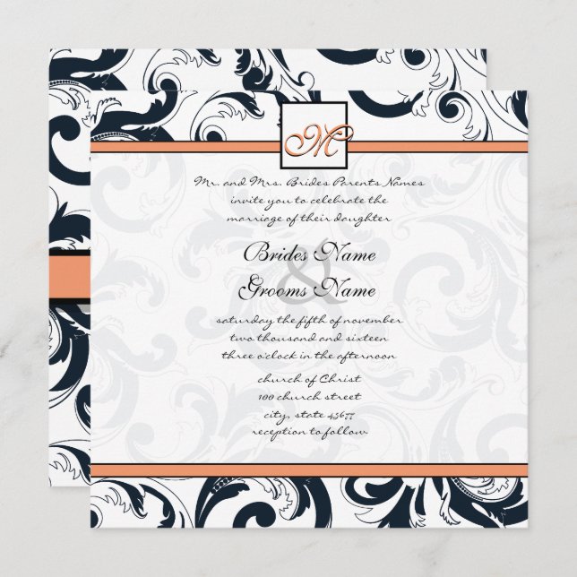 Coral & Black Damask Swirls Wedding Invitation (Front/Back)