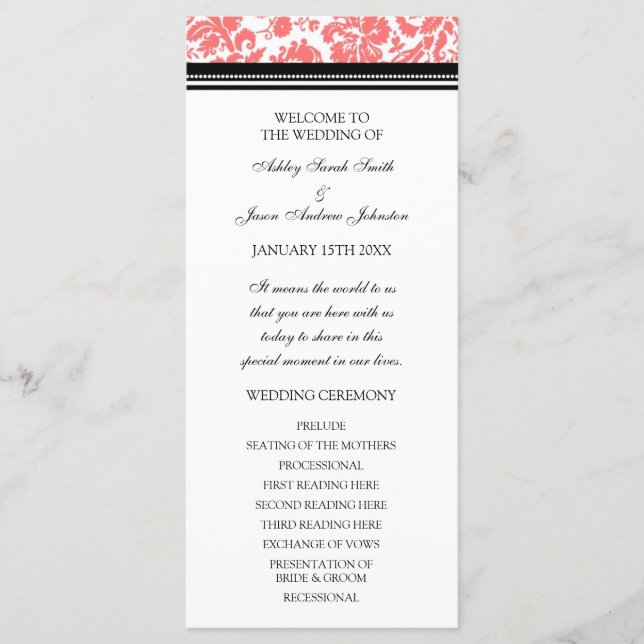 Coral Black Damask Wedding Program (Front)