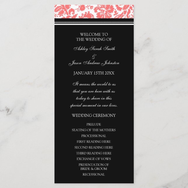 Coral Black Damask Wedding Program (Front)