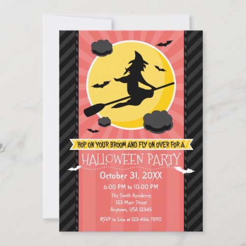 Coral Black Gray Witch Halloween Invitation