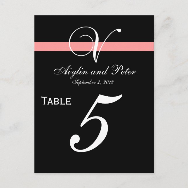 Coral Black Initial V Wedding Table Number Cards (Front)