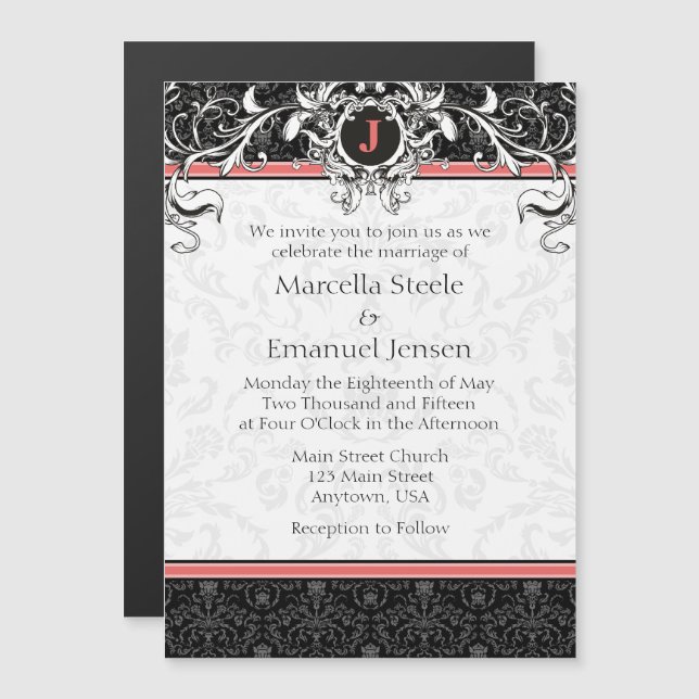 Coral Black Monogram Magnetic Wedding Invitation (Front/Back)