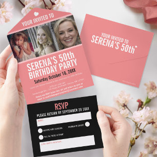 Coral black three photos 50th Birthday party All In One Invitation