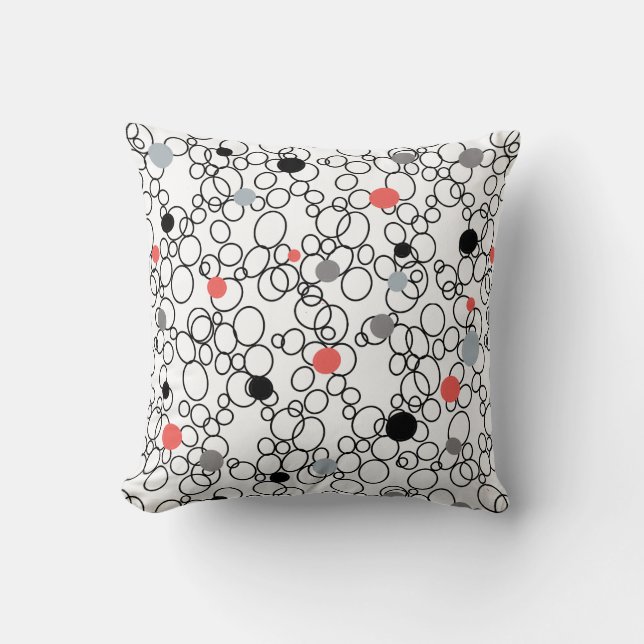 Coral Black White Circles, Dots Throw Pillow (Front)